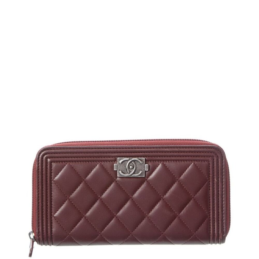 Chanel Red Quilted Lambskin Leather Boy Zip Around Wallet (Authentic Pre-Loved)